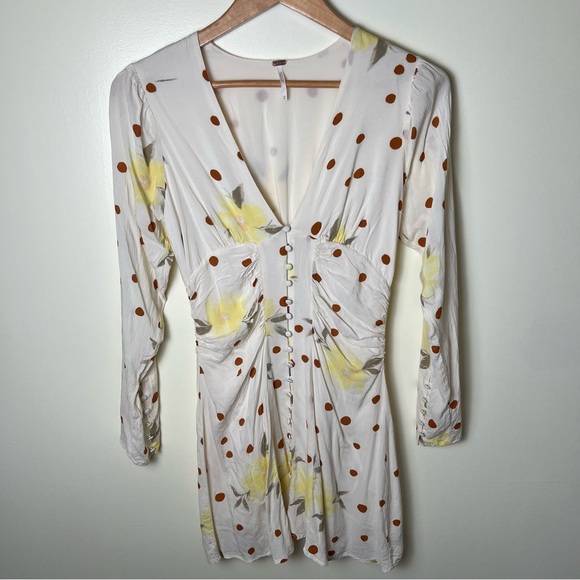 Free People Date Night Draped Mini Dress Sunshine Floral PolkaDot Long Sleeve XS - Picture 3 of 10